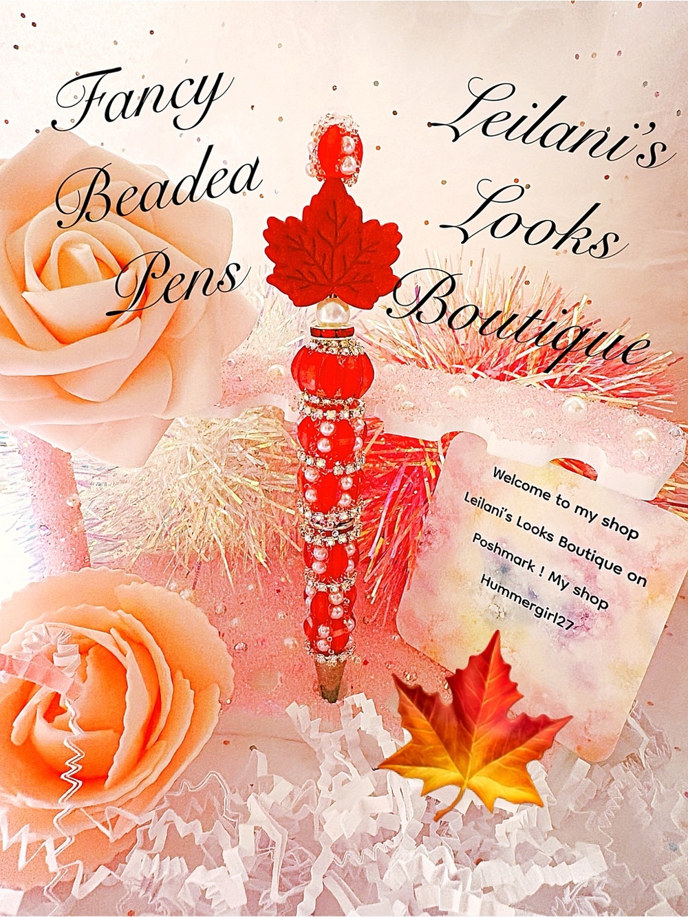 Red beaded pen with silver accents and red leaf/Fancy beaded pen/gifts/red beads